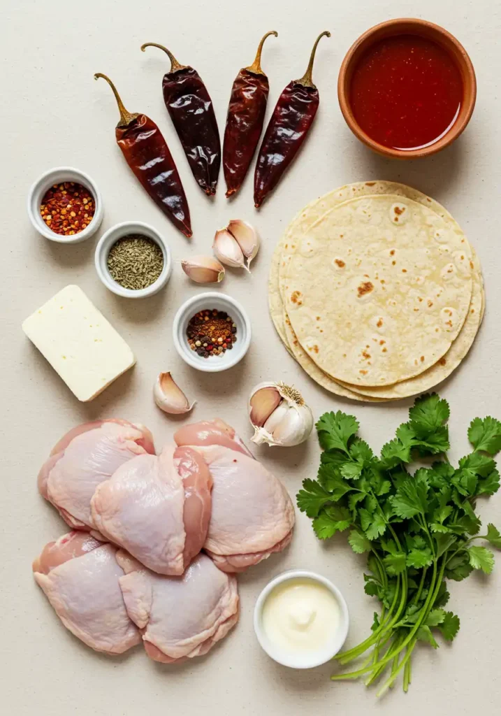 birria chicken tacos ingredients layout