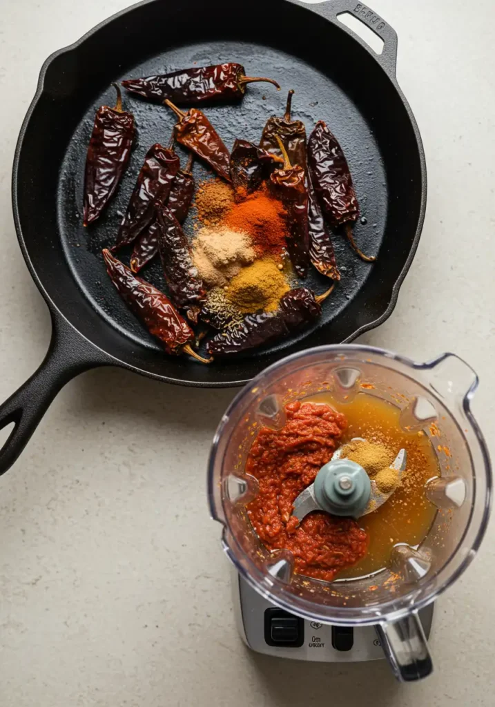 toasting chiles and blending birria sauce