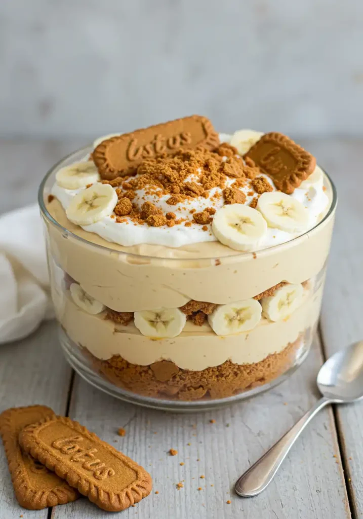 Biscoff banana cream pudding in a glass dish
