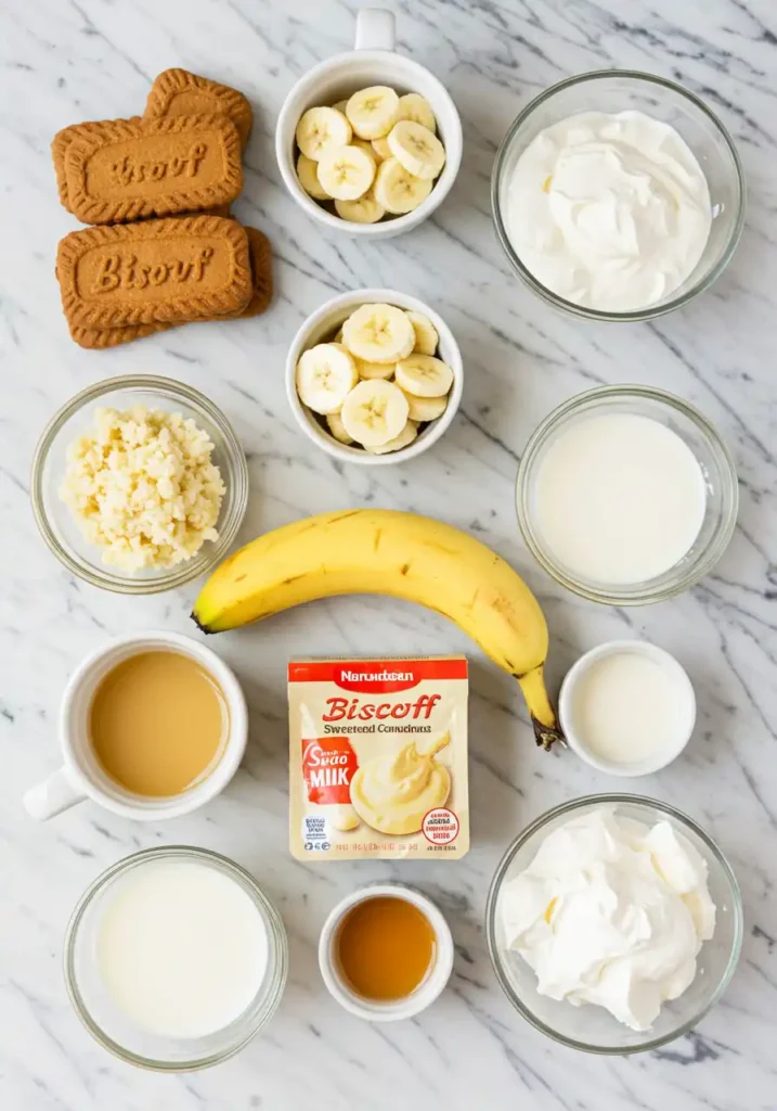 Biscoff banana cream pudding ingredients on a counter