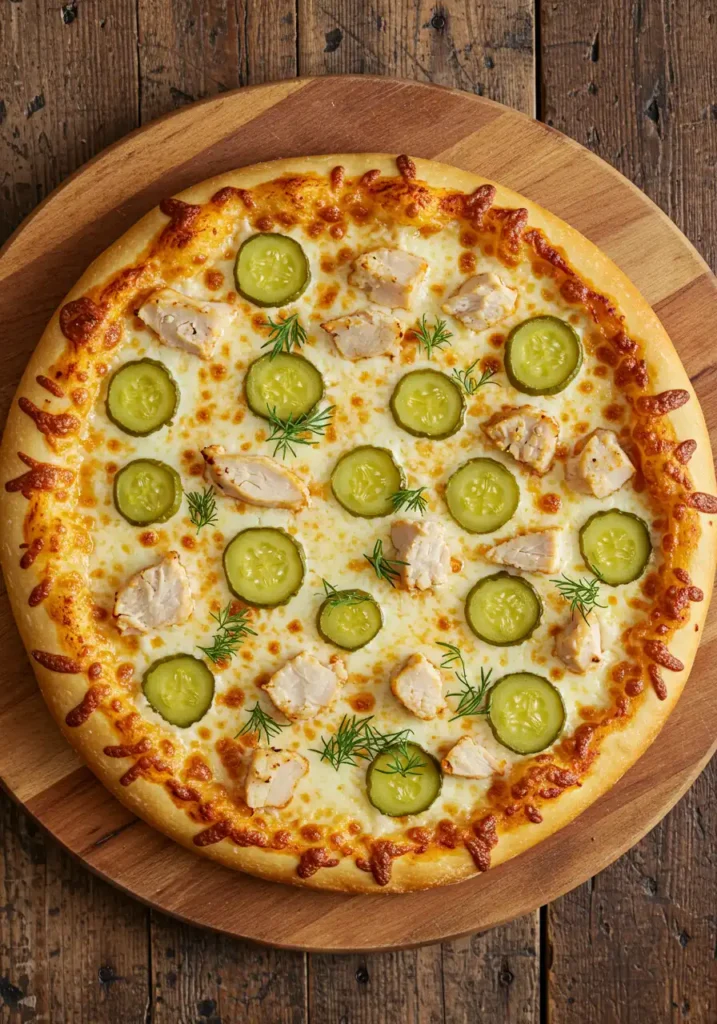 Chicken and pickle pizza on wooden board