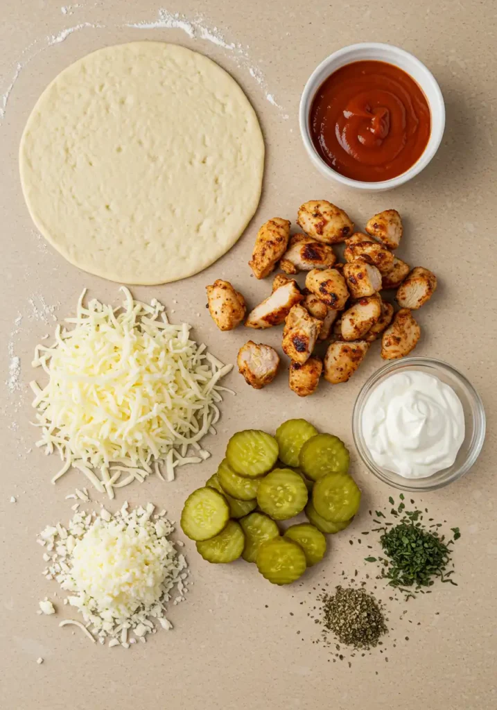Chicken and pickle pizza ingredients laid out
