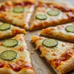 Close-up of sliced chicken and pickle pizza