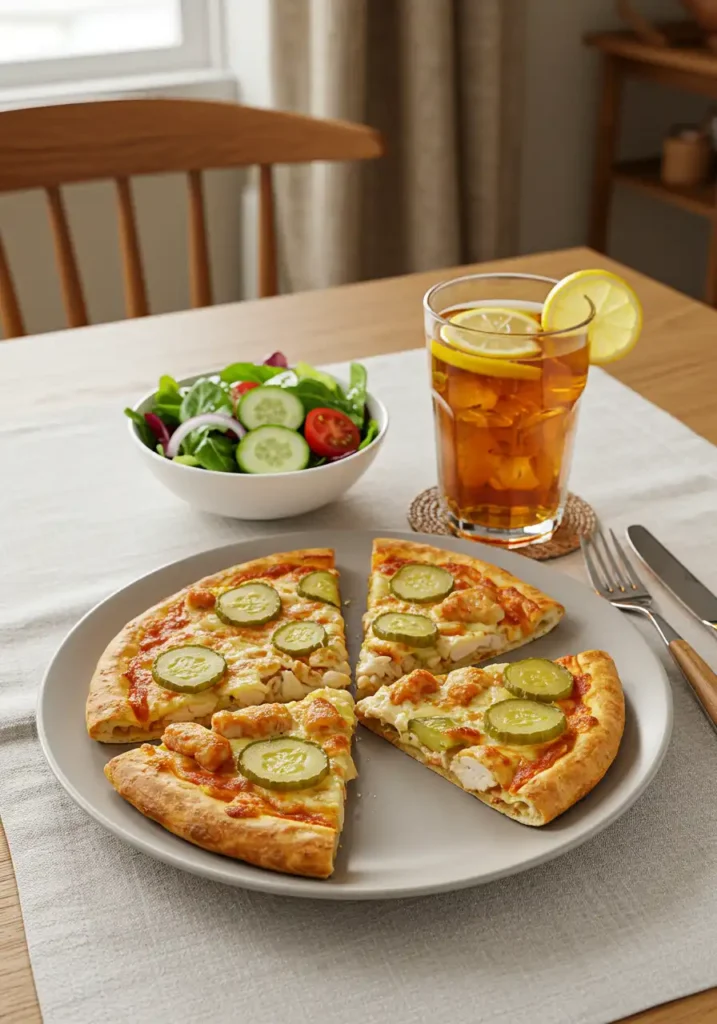Chicken and pickle pizza served with salad
