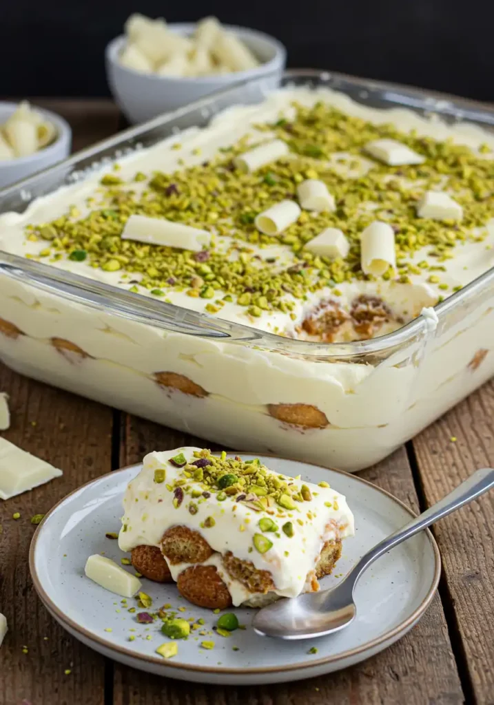 White chocolate pistachio tiramisu in glass baking dish with pistachio topping
