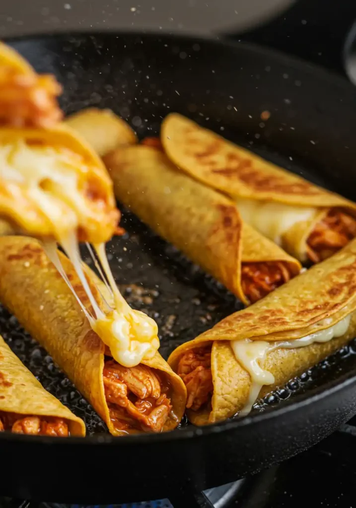 frying birria chicken tacos in skillet