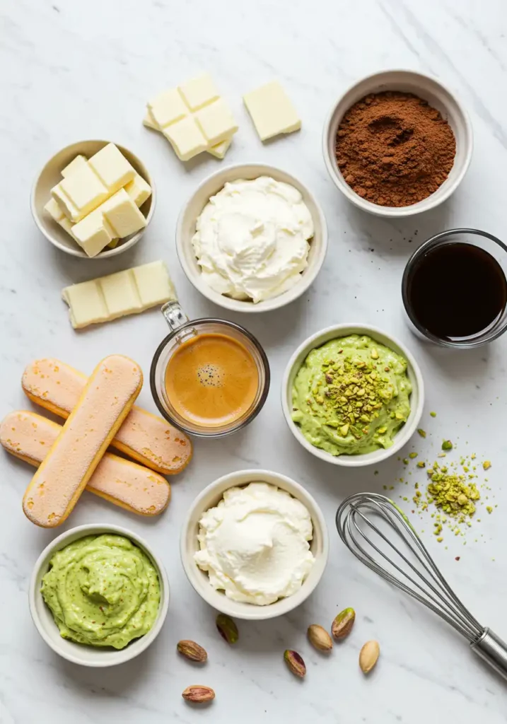Pistachio cream, mascarpone, espresso, and ladyfingers arranged on kitchen counter