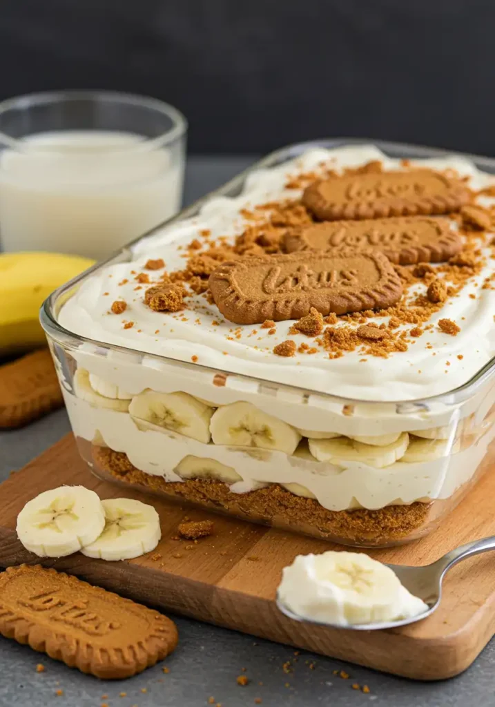 Layered biscoff banana cream pudding in a baking dish