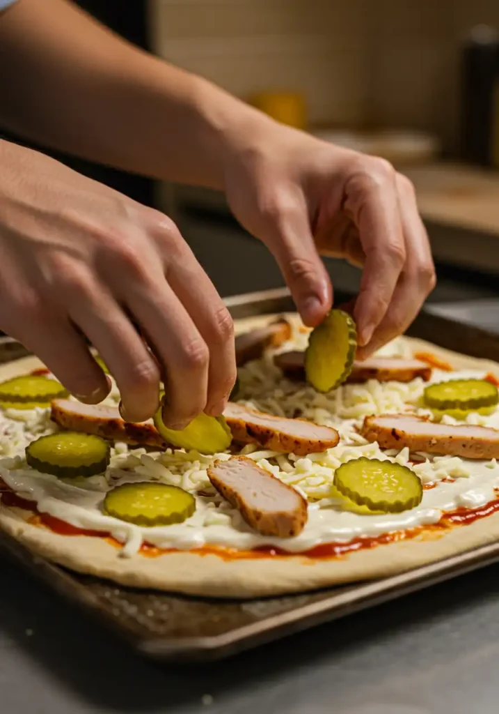 Layering toppings on chicken and pickle pizza