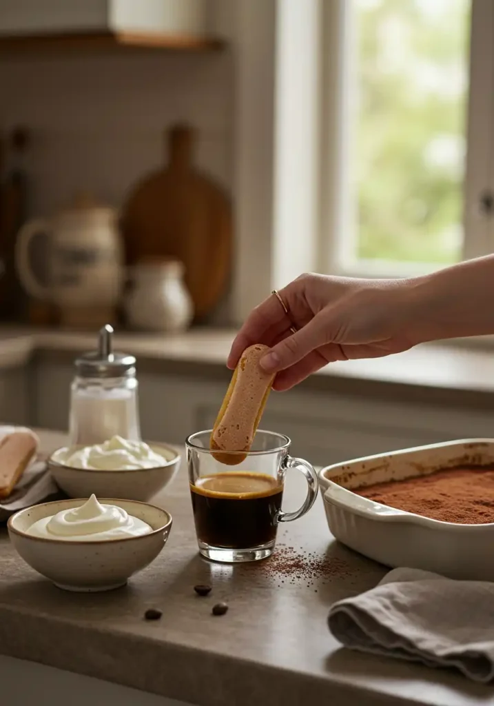 Hand dipping ladyfinger into espresso for tiramisu layering