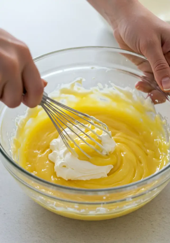 Mixing lemon curd and mascarpone