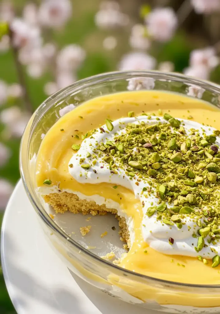 Lemon pistachio tiramisu served in glass dish