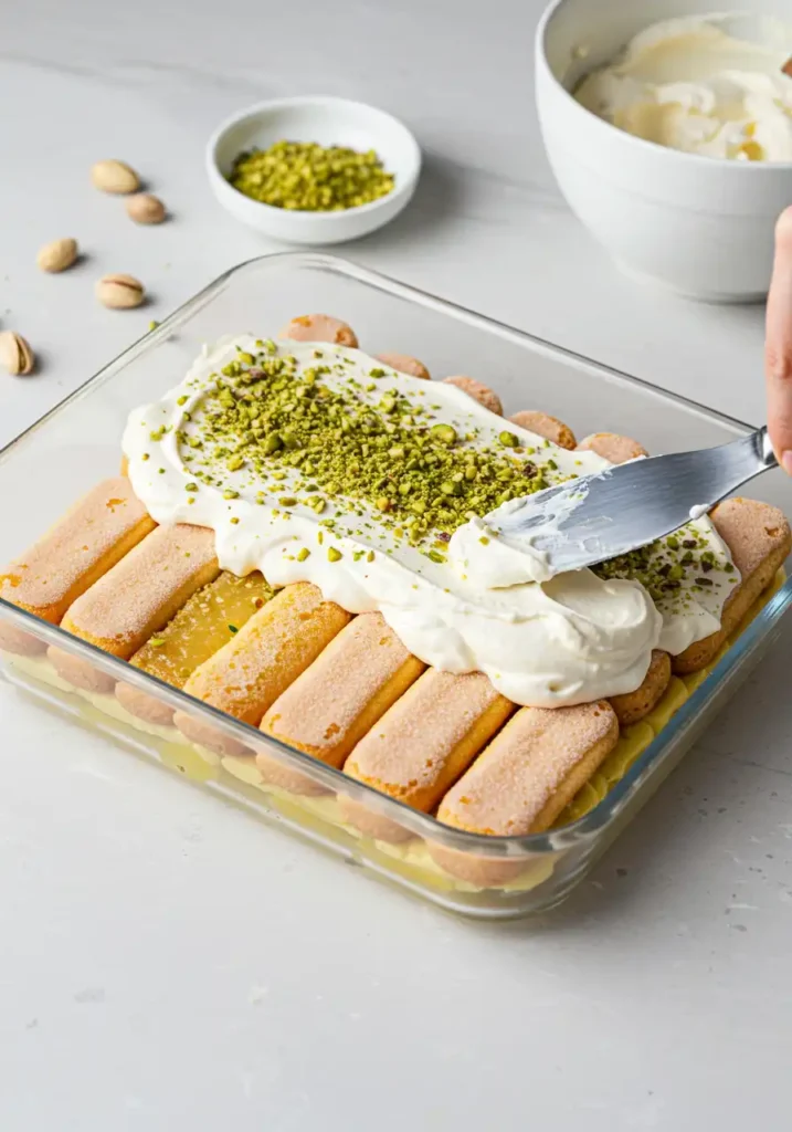 Layering ladyfingers and cream