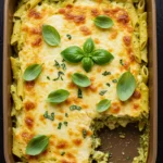 One pan creamy chicken pesto pasta bake in dish