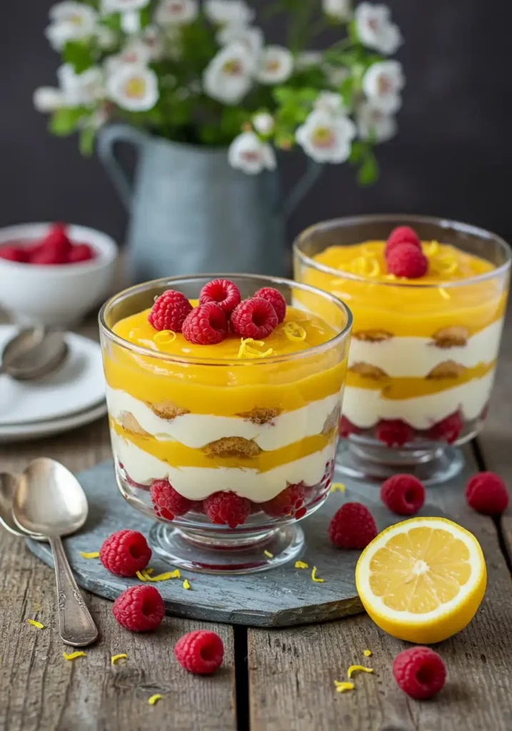 raspberry lemon tiramisu in spring setting