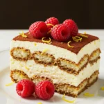 served raspberry lemon tiramisu slice