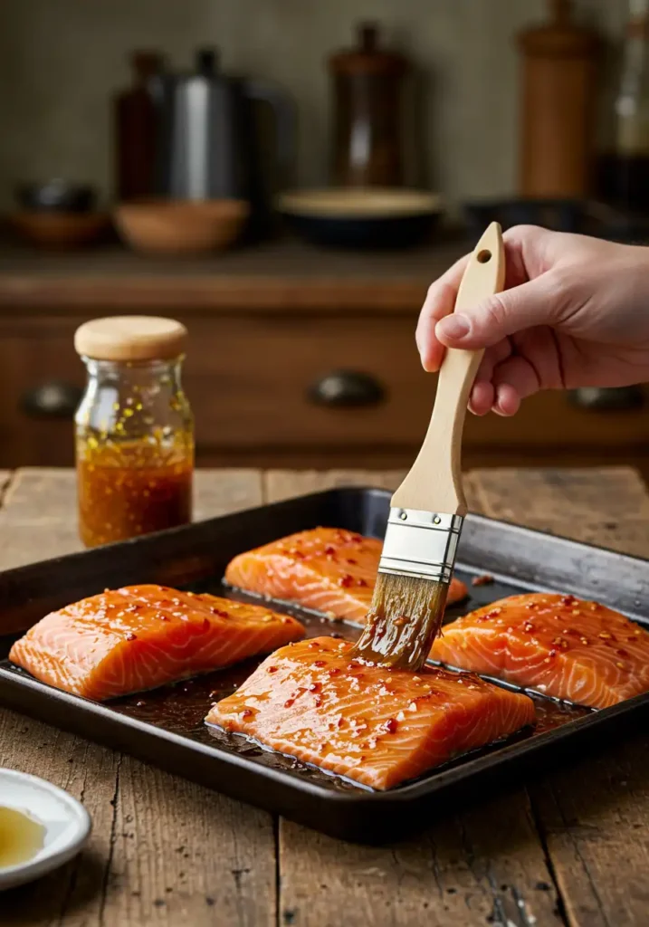 brushing glaze on salmon