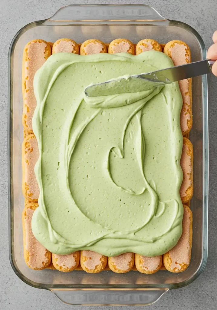 Spreading pistachio mascarpone cream over ladyfingers