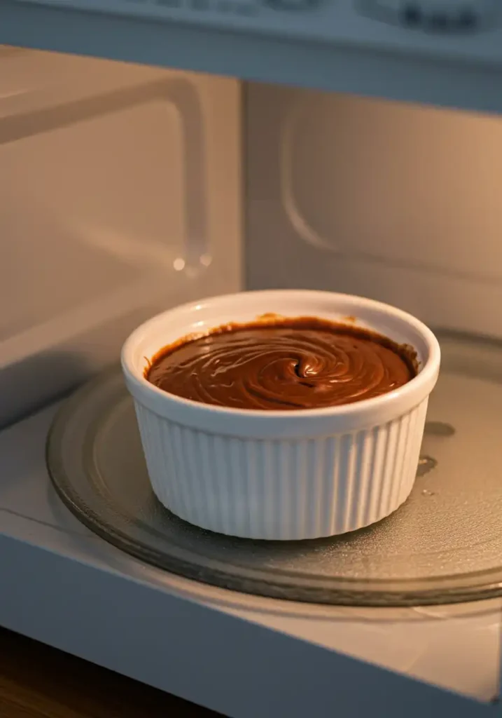 Chocolate cake batter in microwave ramekin