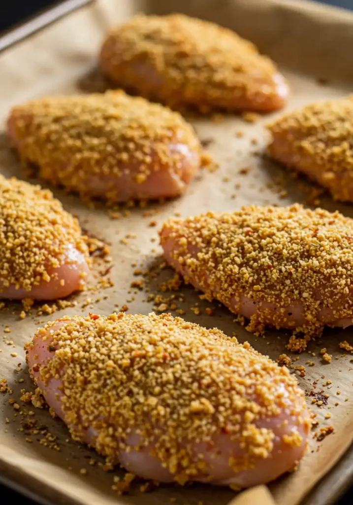Breaded chicken bites on baking sheet before baking