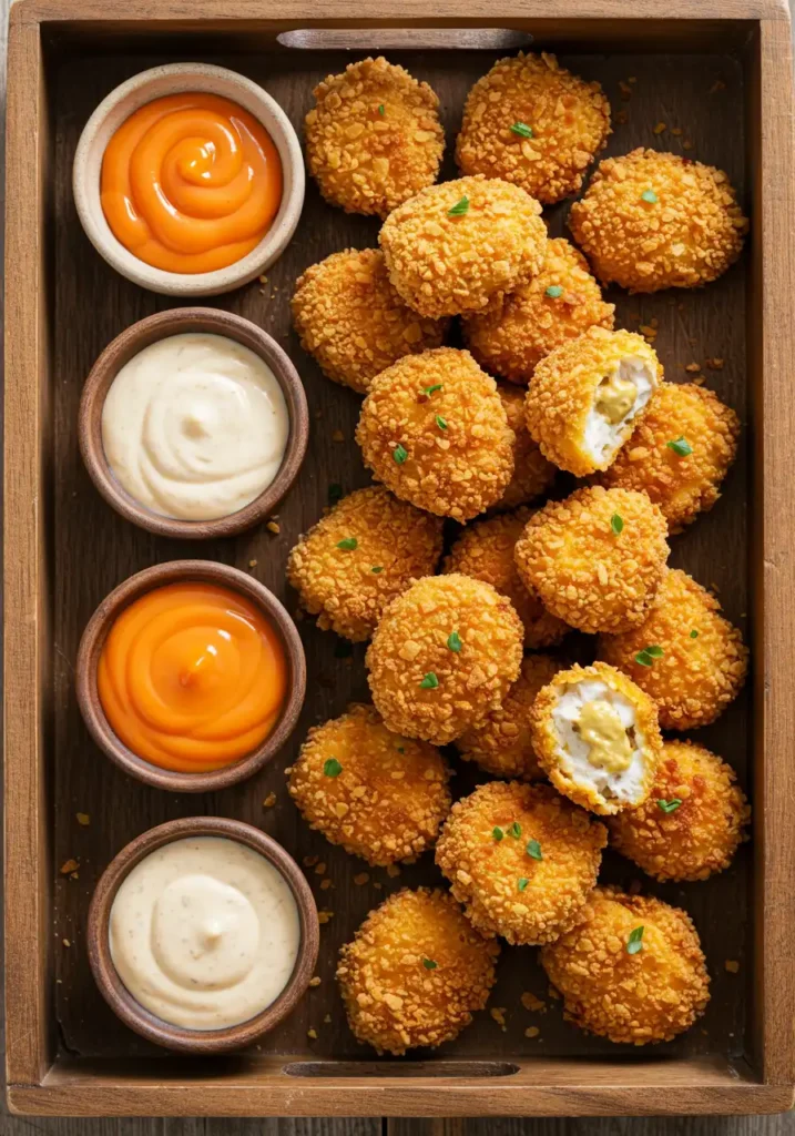 Baked chicken bites breaded on tray with dipping sauces
