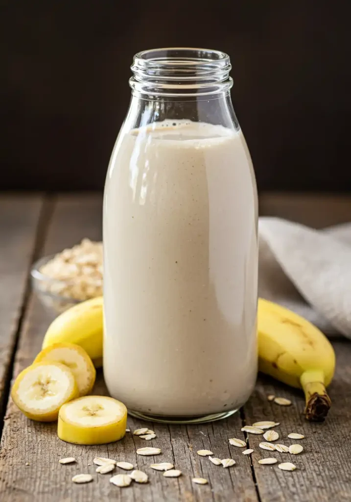 banana oat milk in a glass bottle