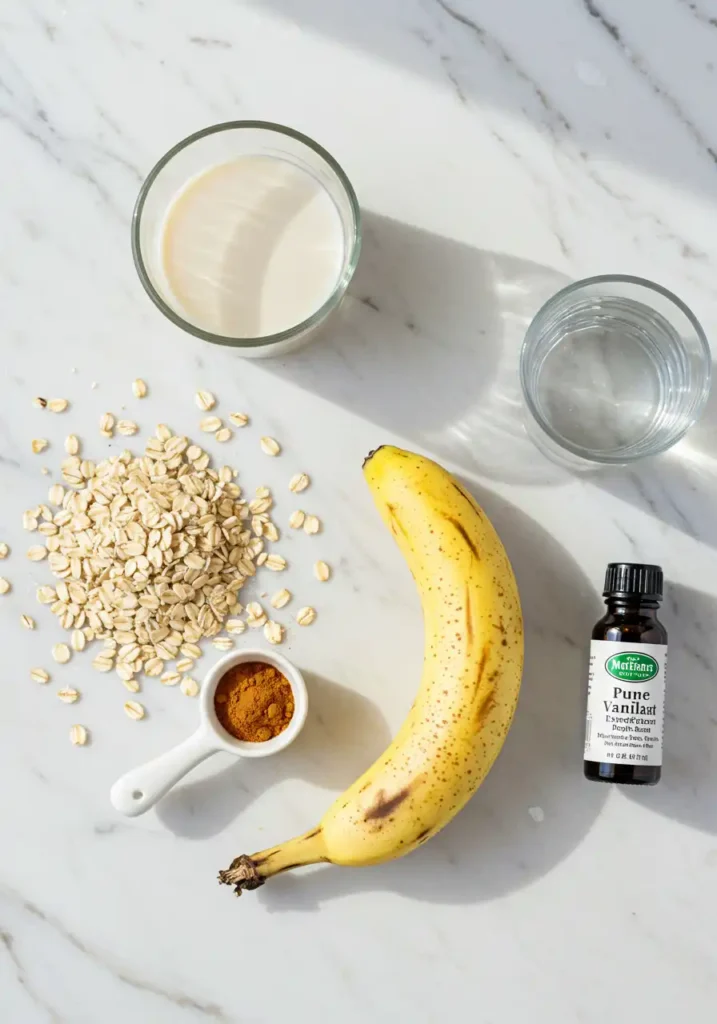 banana oat milk ingredients flat lay