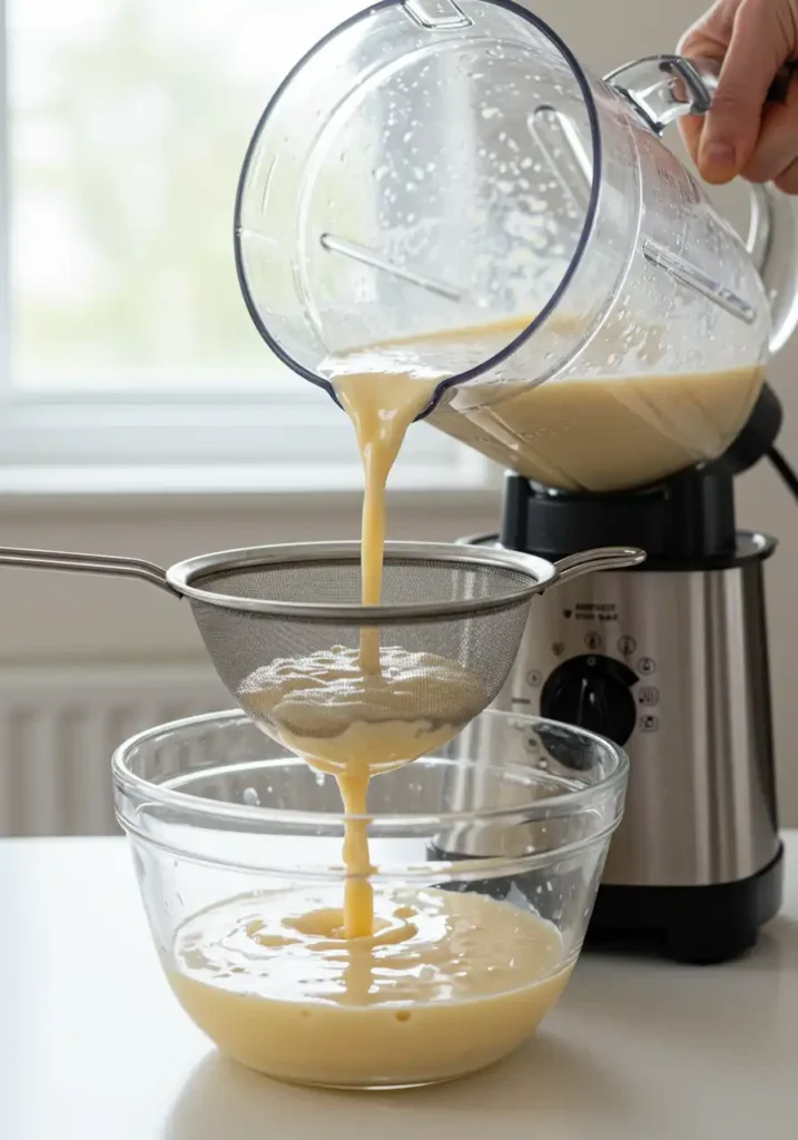 pouring banana oat milk through strainer