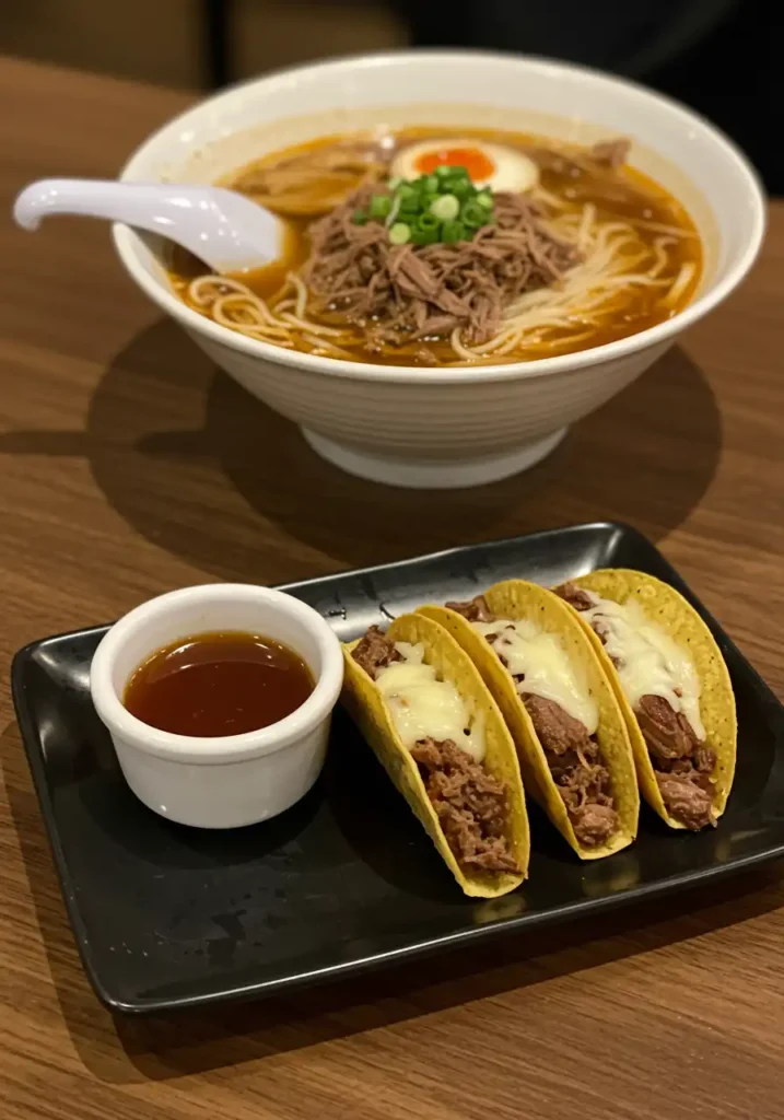 birria ramen and tacos on rustic table