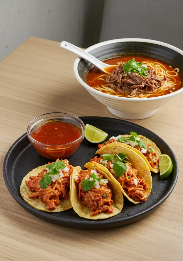 birria tacos and ramen plated dinner