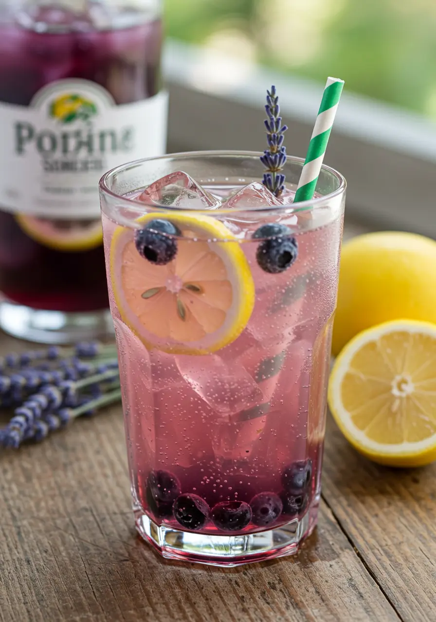 Blueberry lavender lemonade Italian soda in a tall glass