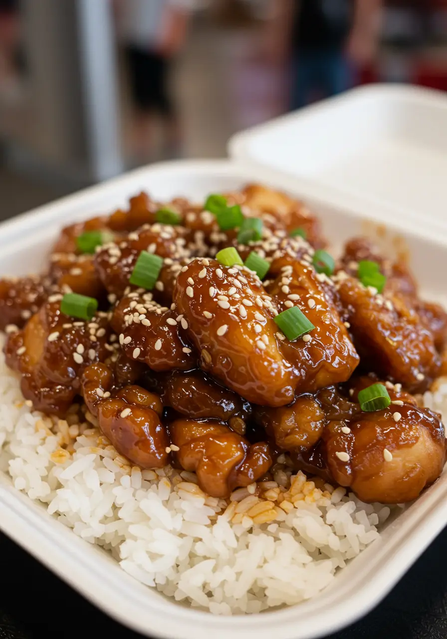 Bourbon chicken mall style in takeout tray