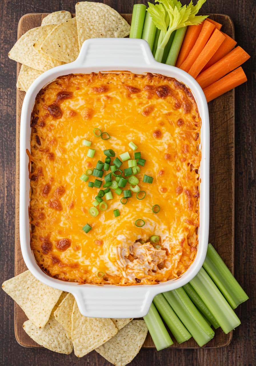 Buffalo chicken dip high protein cottage cheese in baking dish