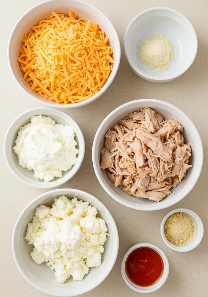 Ingredients for cottage cheese buffalo chicken dip