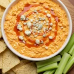Buffalo chicken dip with printed recipe card