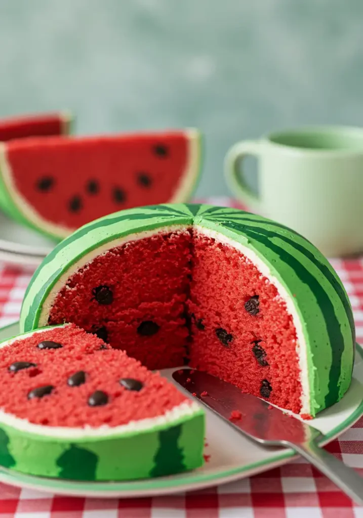 Cake that looks like watermelon with green and red frosting