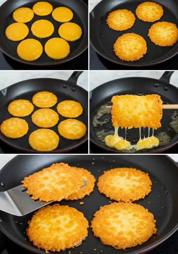 Cheddar cheese shells cooking on skillet for keto tacos