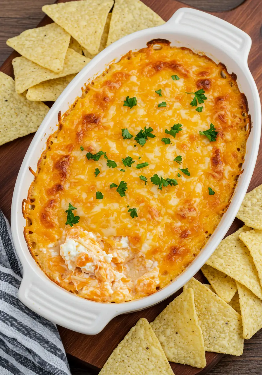 Chicken buffalo cottage cheese dip served warm in baking dish