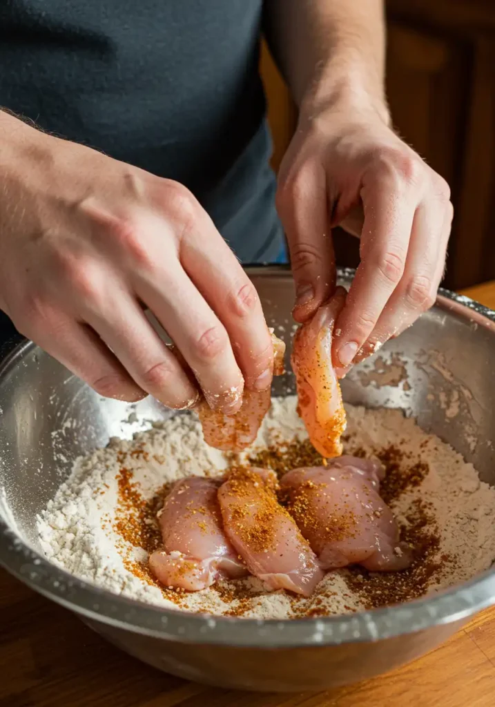 Coating chicken for fried chicken chips