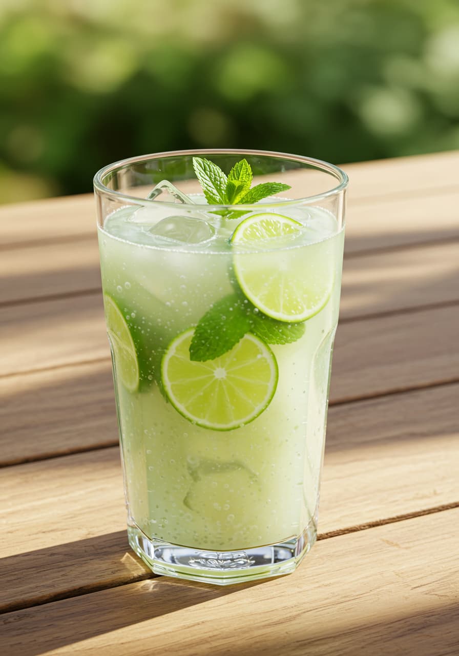 coconut lime cooler in glass with lime and mint