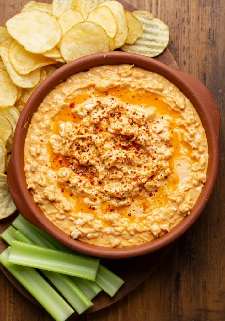 Buffalo chicken dip with cottage cheese in bowl with chips