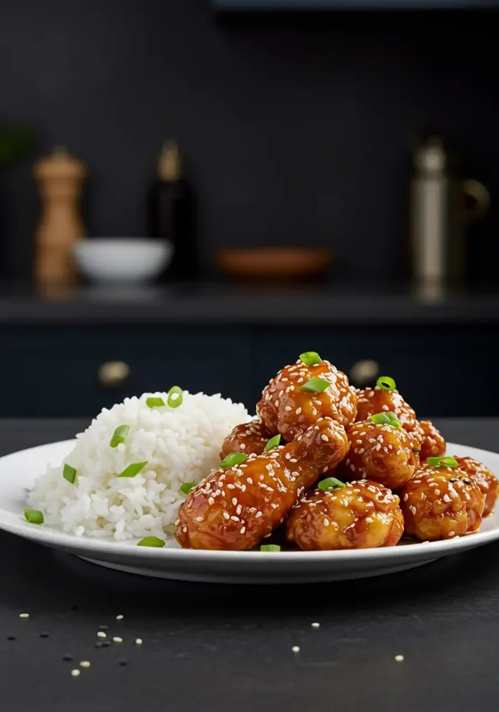 Crispy sweet chili chicken on plate with rice