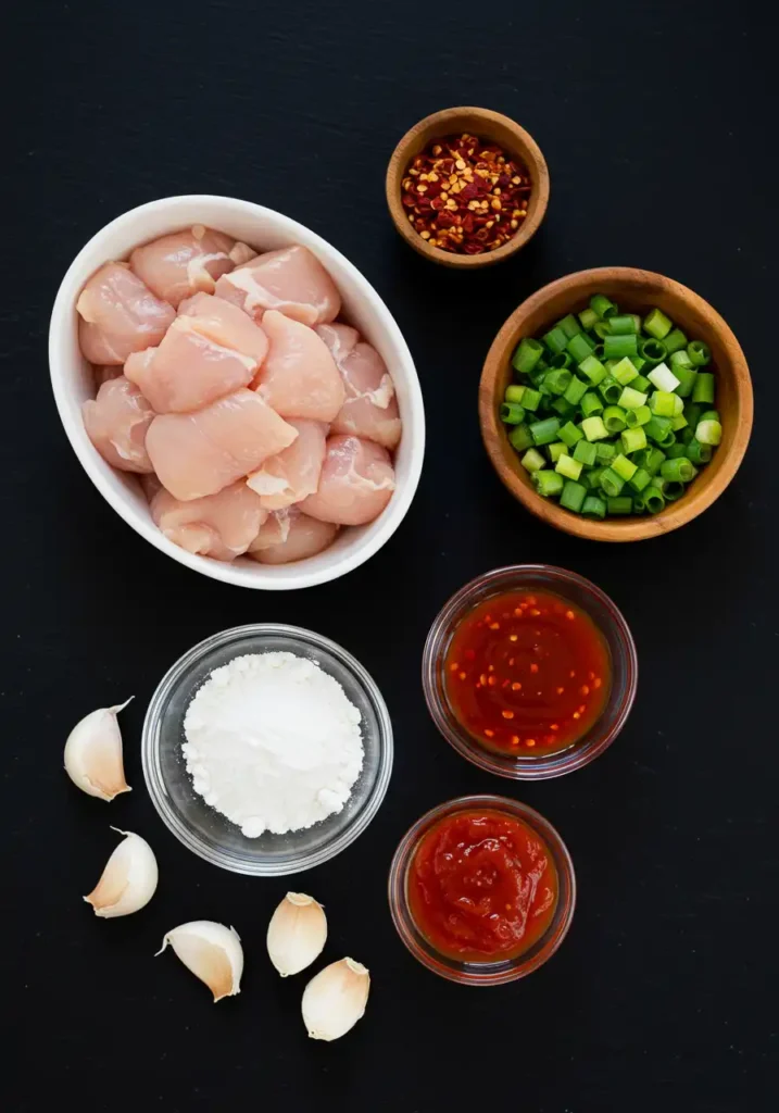 Sweet chili chicken ingredients flat lay