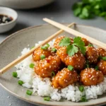 Plated crispy sweet chili chicken with rice