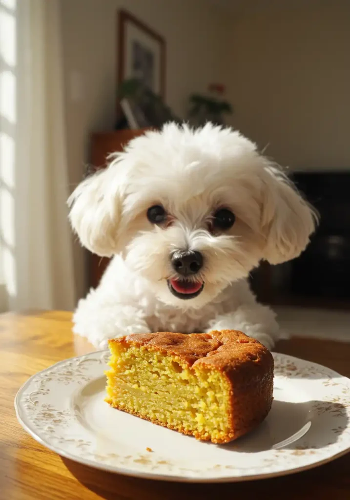 dog eating sweet potato cake slice