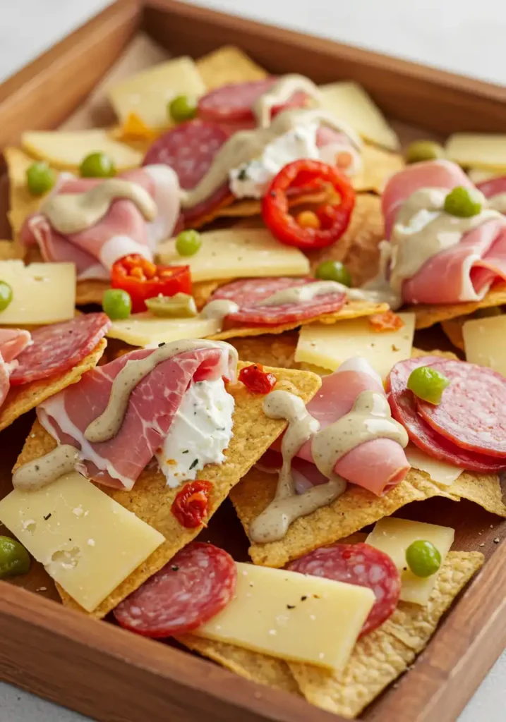 finished potato chip charcuterie nachos with toppings