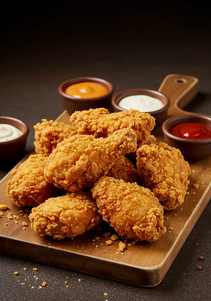 Fried chicken chips served with dips on wooden board