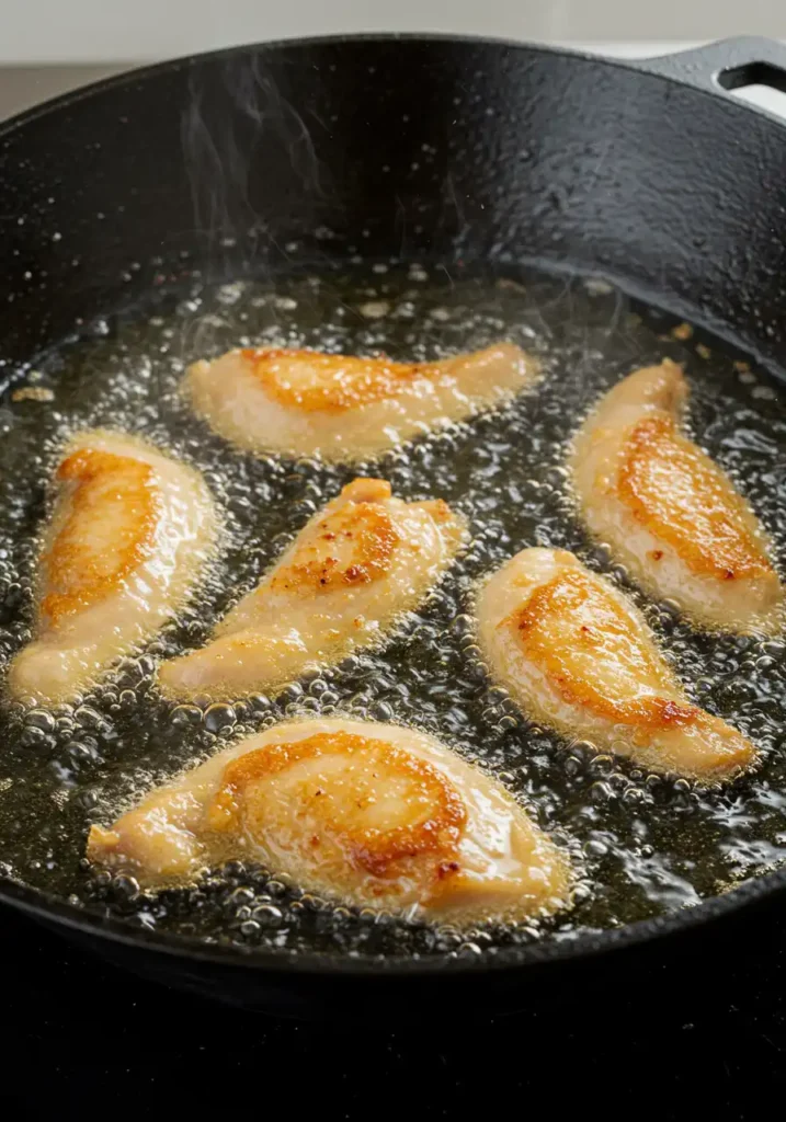 Chicken chips frying in hot oil in a pan