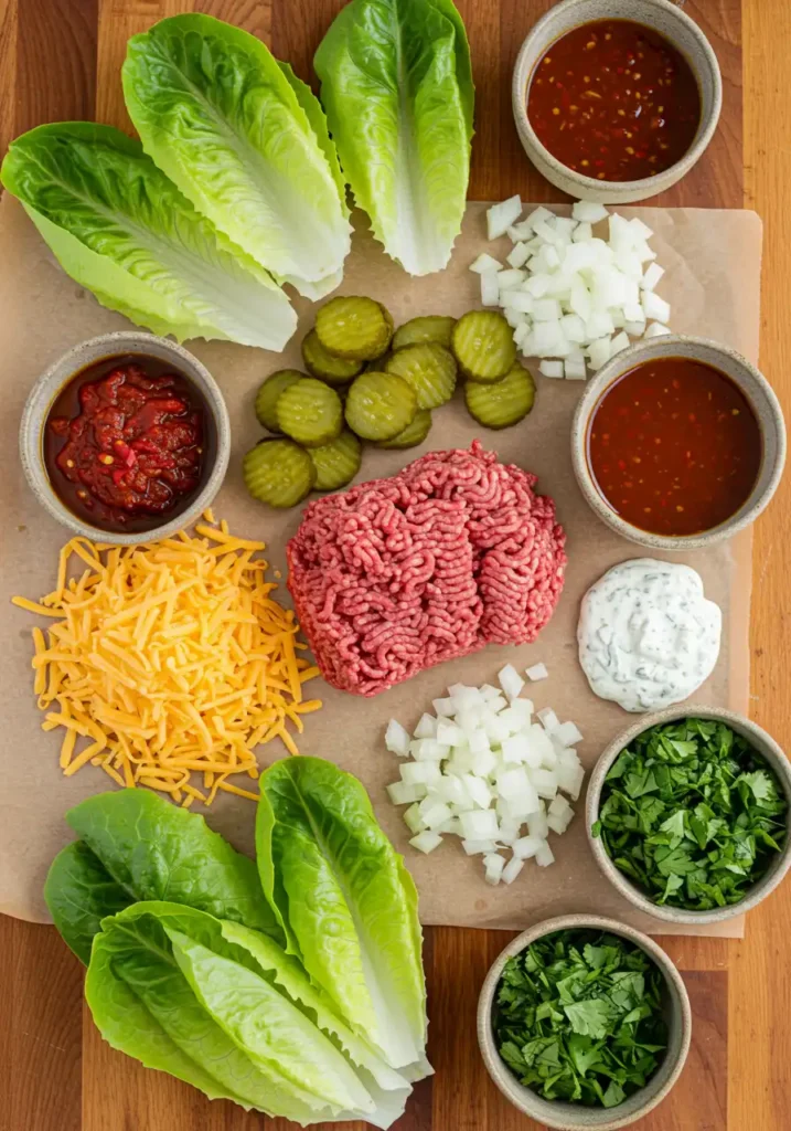 Keto taco ingredients with cheese, ground beef, pickles, and onions