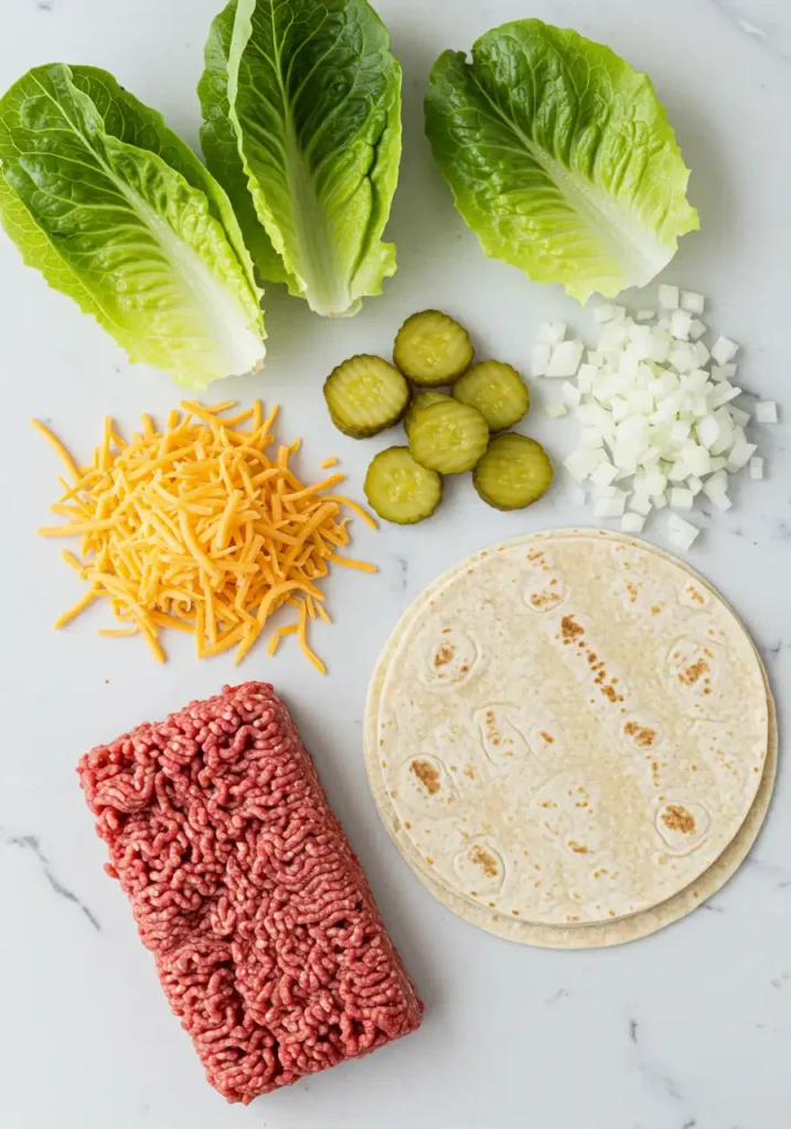 ingredients for low carb smash burger taco with ground beef, cheese, lettuce, and pickles